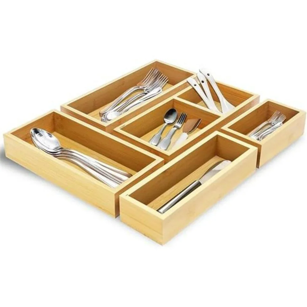 Bamboo drawer organizer set of 5 wooden storage trays kitchen desk vanity makeup